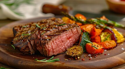 Luxurious serving of grilled beef with roasted vegetables in a top-tier kitchen
