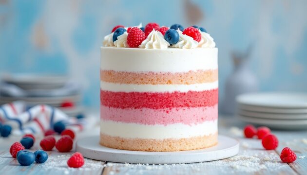 Celebrate American holidays with a layered sponge cake in red, white, blue, ideal for 4th of July
