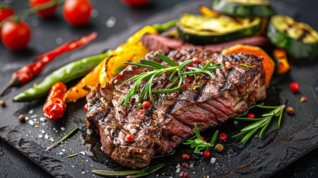 High-end culinary presentation of grilled beef with seasonal vegetables