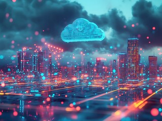 Futuristic Cloud Computing Concept with Neon-Glowing Server Racks, Data Streams, and Digital Connections Representing Modern Cloud Storage and Networking