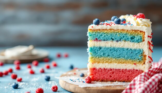 Celebrate American holidays with a layered sponge cake in red, white, blue, ideal for 4th of July - Powered by Adobe