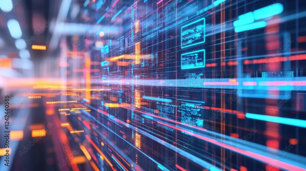 Poster complex data streams are flowing and transforming, showcasing innovative engineering in a futuristic