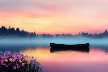 Fototapeta premium Serene Sunset Over Calm Lake with Canoe and Colorful Flowers