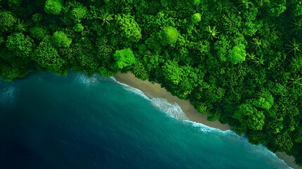 Aerial View of Tropical Coastline with Lush Green Jungle