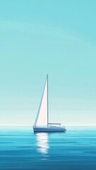 Fototapeta premium Sailing yacht at sea, calm ocean, summer sky, travel poster
