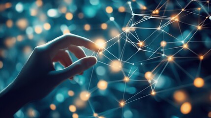 Hand touching digital network represents innovation in engineering, problem solving, and technological advancement, creating connections in a complex system