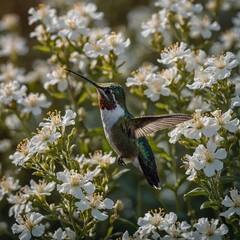A bright hummingbird in a field of glowing white flowers.