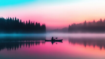 Fototapeta premium Serene Kayaker in Misty Lake at Sunrise with Colorful Reflections