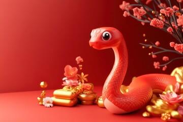 Obraz premium Cute red snake, blind box toy characters, Chinese New Year atmosphere background, gold ingots and flowers in the corner of the image, 