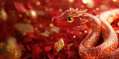 Fototapeta premium cute snake, chinese new year, gold, red 