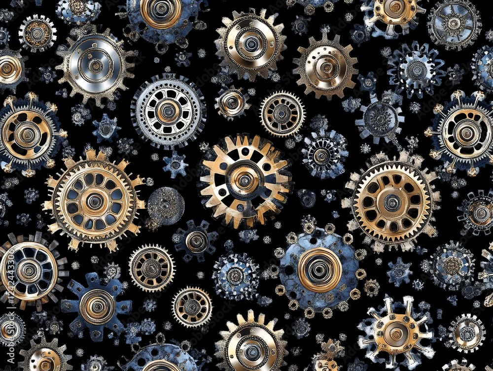 Poster Gold, silver gears rotate, dark background, seamless pattern, tech design