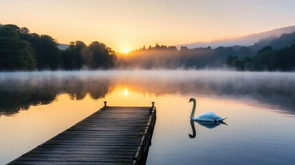 Fototapeta premium Serene Sunrise Reflection Over Misty Lake with Elegant Swan