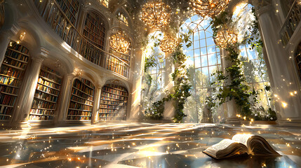 Fototapeta premium spacious library with towering bookshelves, elegant chandeliers, and sunlight streaming through large windows creates magical atmosphere