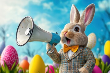 Easter bunny in suit holds megaphone. Announces Easter egg hunt or sale event.