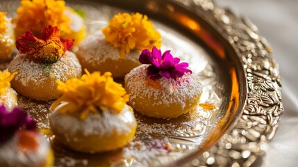 Celebrating holy festival with colorful indian food sweet treats and floral decorations in vibrant atmosphere