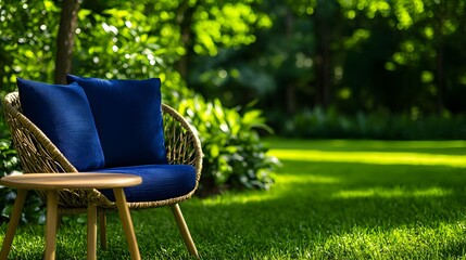 Fototapeta premium Blue Cushioned Wicker Chair on Green Lawn