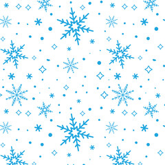 Seamless blue snowflakes pattern on white background. Vector illustration.