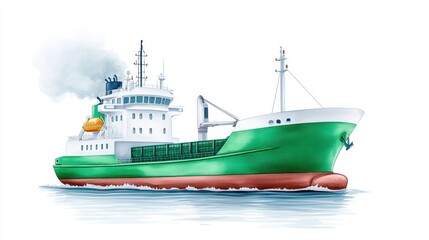 Naklejka premium Vibrant Green Cargo Ship with Smokestack Sailing on Calm Water