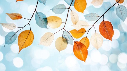 Delicate Leaves with Autumn Colors Against a Soft Blue Background