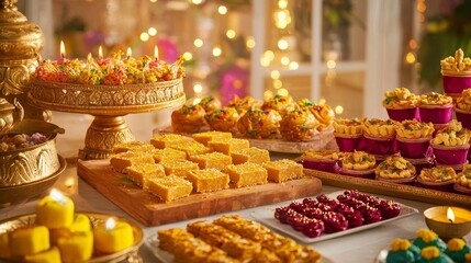 Fototapeta premium Holy festival celebrations with colorful indian food and sweet delights vibrant atmosphere close-up view