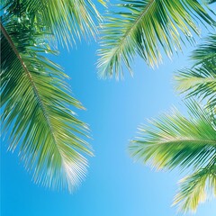 Bright Green Palm Leaves Against a Vivid Blue Sky