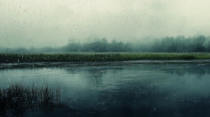 Fototapeta premium 3.A dramatic scene of heavy rain pounding a calm Frisian lake, with reflections distorted by raindrops, a low horizon of grassy wetlands, and muted, overcast light.