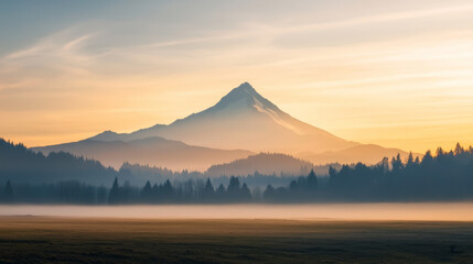 lone mountain peak shrouded in soft mist with nearby forest and golden sunrise