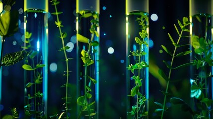 Glowing plants in test tubes showcasing biotechnological innovation and research