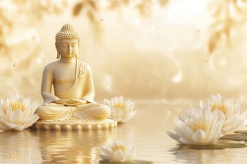 Golden Buddha statue glowing with ethereal light, surrounded by lotus flowers and flowing water, minimalist UI design integrated with soft gold gradients and white space, 