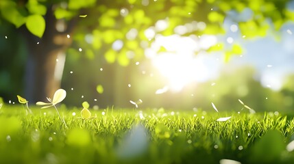 Obraz premium Bright Sunlight Illuminates Lush Green Grass and Falling Leaves