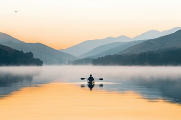 Serene Kayaking Experience at Dawn with Misty Mountain Reflection