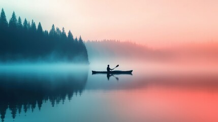 Serene Kayaking at Dawn with Mist Over Calm Lake Waters