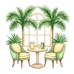 Cozy Indoor Space with Tropical Plants and Colorful Beverages