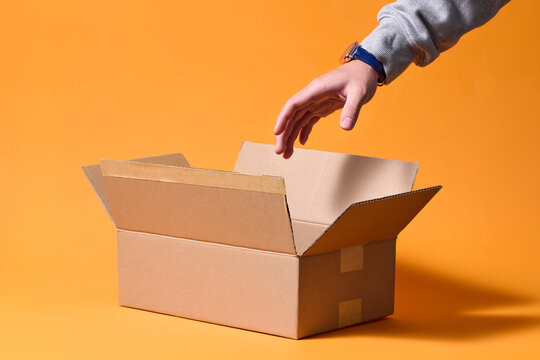 Hand Reaching Into Open Cardboard Box on Orange Background