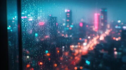 Obraz premium 16.A rainy city night framed by a window, sharp focus on the glistening droplets while the urban skyline, roads, and colorful bokeh lights remain soft and hazy.