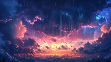 Obraz premium 22.Captivating image of a darkened sky filled with thick rainclouds, rays of sunlight peeking faintly through gaps, with rain visibly pouring down.