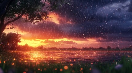 Obraz premium 24.A serene yet stormy nature scene of heavy rain falling from layered clouds, the horizon glowing faintly as the storm recedes.