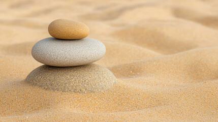 smooth pebble balanced on larger rock against sandy background, evoking calmness