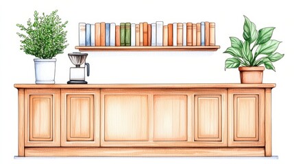 Cozy Coffee Bar with Green Plants and Wooden Shelf Display