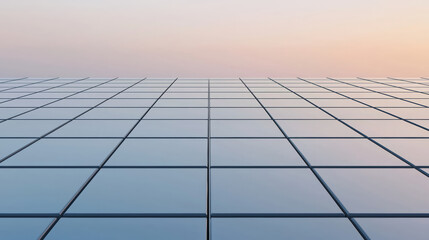 modern glass building facade reflecting soft hues of sunset sky