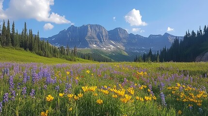 Naklejka premium Alpine Meadows with Wildflowers, Green Grasses, and Majestic Mountain Views oe Perfect for Nature Photography, capturing the beauty and peacefulness of alpine meadow landscapes