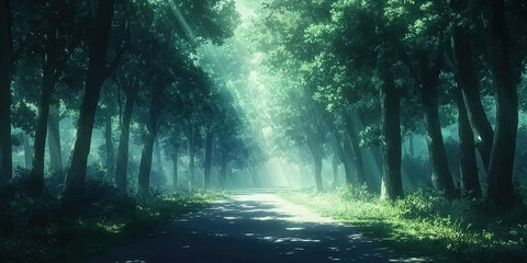 Obraz premium Misty enchanted anime forest, foggy background, hazy trees, mystical atmospheric scenery