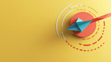 colorful paper plane navigating towards target on vibrant yellow background, symbolizing creativity and direction. design features geometric shapes and dynamic lines