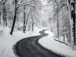 Winding Road Through a Snowy Forest Landscape