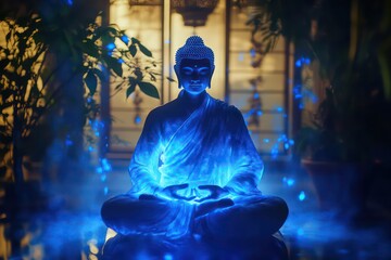medicine buddha real like person, with blue spiritual lighting, meditation, realistic, cinematic lighting, traditional chinese background with bokeh lighting 