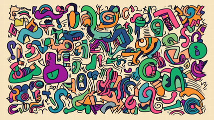 Colorful doodle shapes create lively and vibrant pattern, perfect for creative projects and advertisements. playful design features various abstract forms and colors