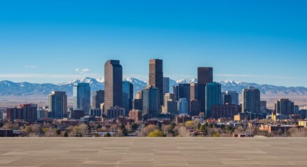 Fototapeta premium Vibrant Urban Skyline of Denver with Snow-Capped Mountains in the Background Under a Clear Blue Sky Captured on a Sunny Day