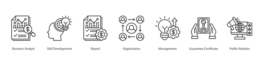 Cognitive Load Management Icon Sheet Public Relation, Organisation, Business Analyst, Skill Development, Report, Management, Guarantee Certificate