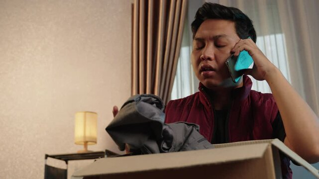 Upset man argues on phone about wrong product delivery. Frustrated customer complains to online seller about shipping issues. Customer service, shipping problem, angry buyer, online shopping, delivery