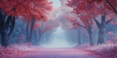 Autumn anime cartoon forest, misty moody background, foggy woodland landscape, fall colors scenery